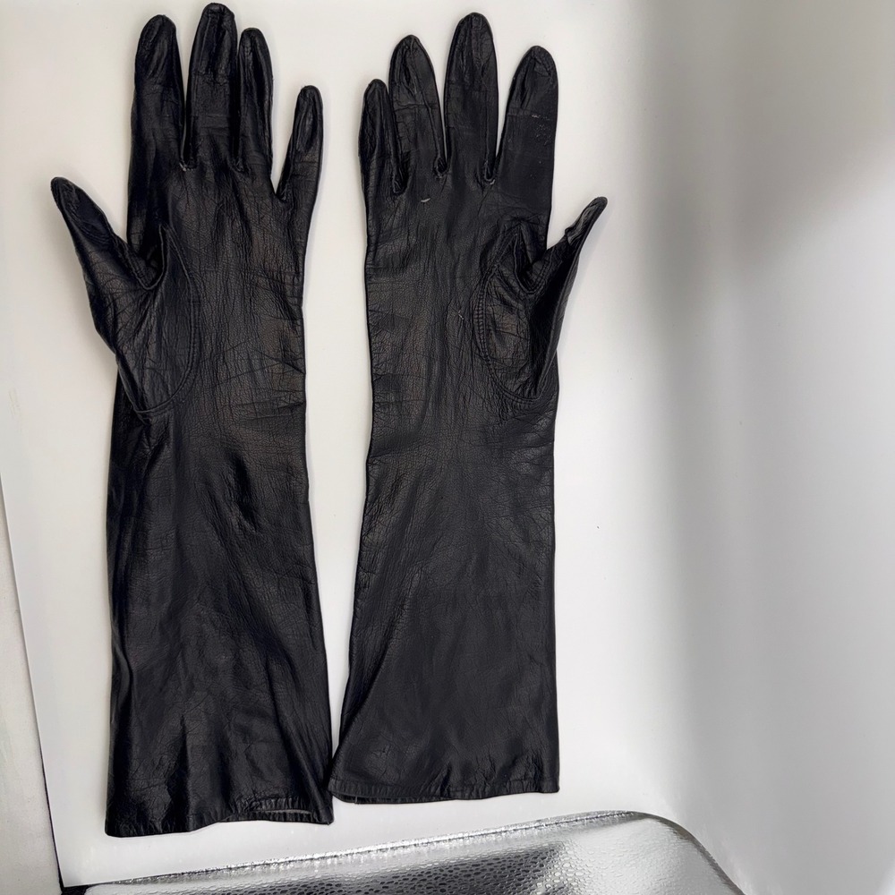 Vintage Black Leather Opera Gloves Long Gothic Dark Academia Y2K Evening Sz 6.5